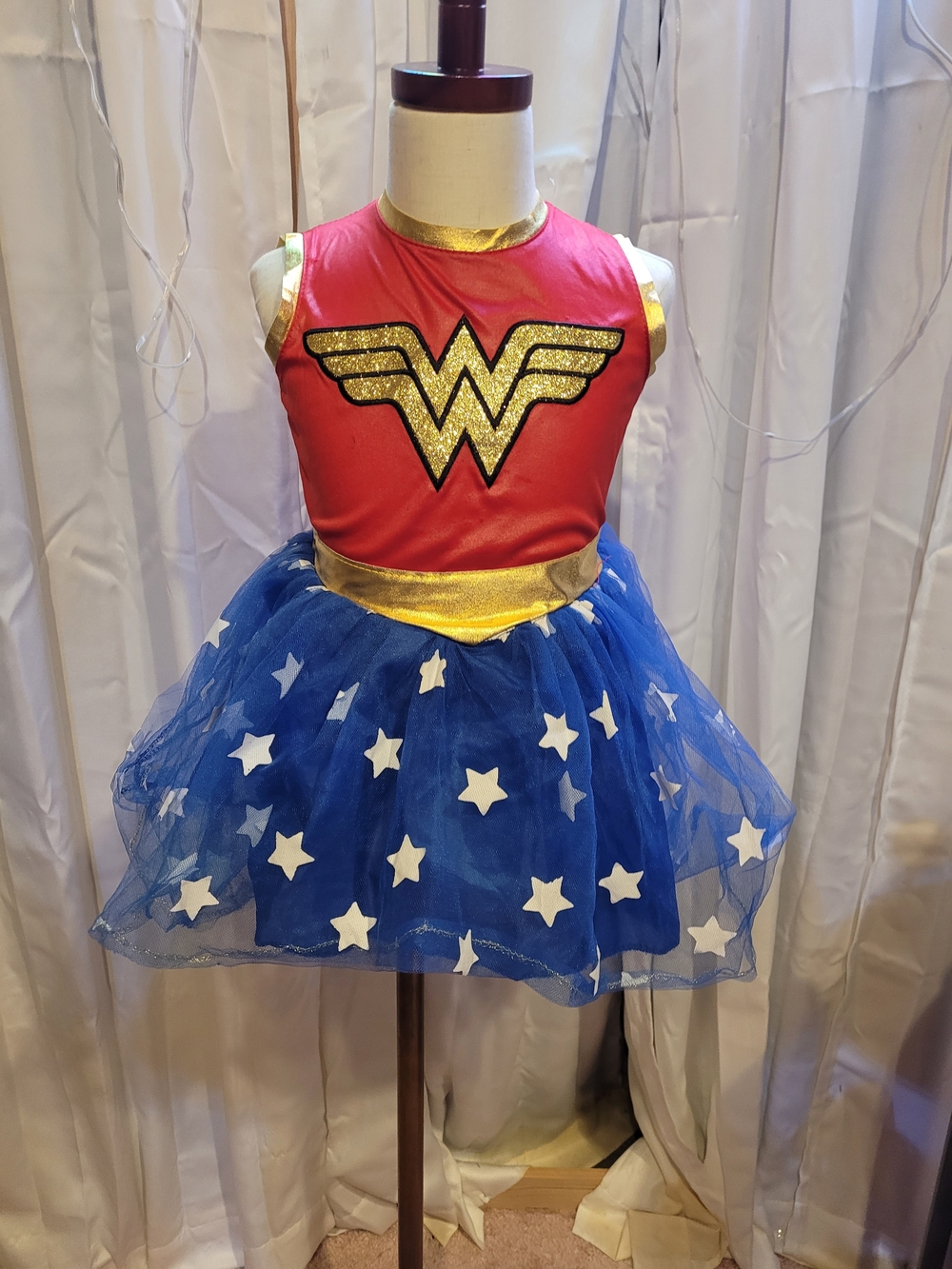 Girls Red & Blue Wonder-Inspired Costume Dress with Gold Accents
